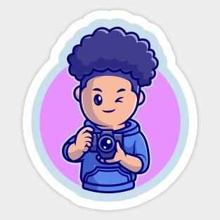 Cute Boy Photographer Holding Camera Cartoon Sticker